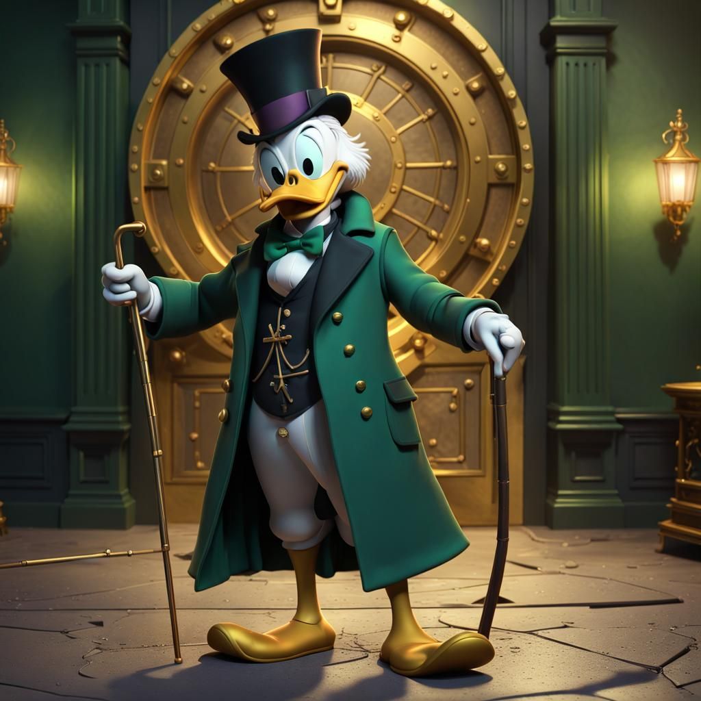 "Scrooge McDuck wearing a black top hat and a green coat wit...