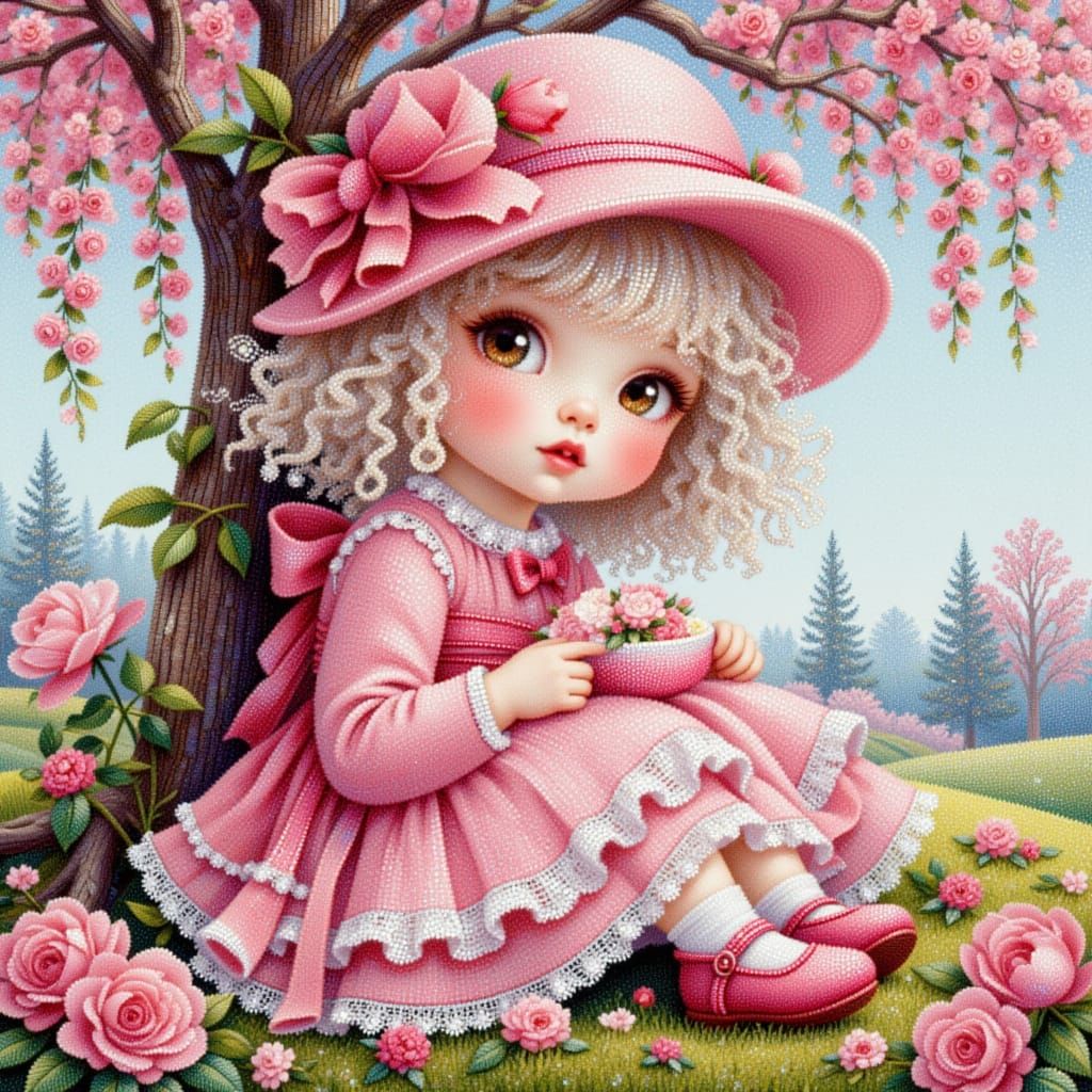 Toddler Girl in Pink Dress, Diamond Painting Style