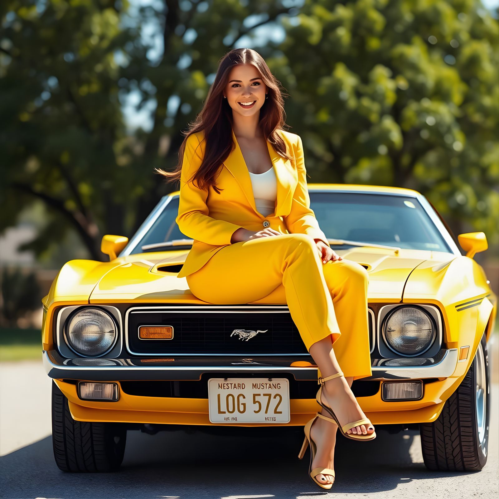 Surreal 1970s Woman Cruises in Yellow Ford Mustang Boss 302