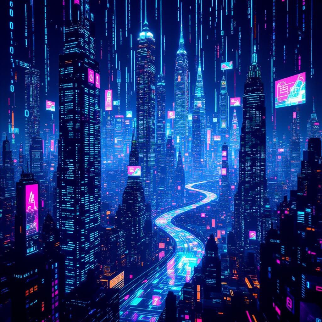 Futuristic Binary Code Cityscape with Luminous Data Streams