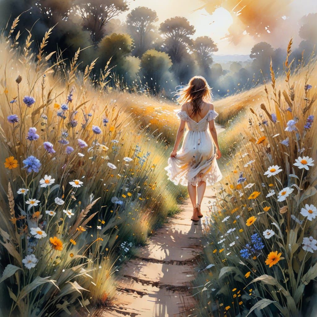 Enchanting Meadow Pathway in Autumn Watercolor Style