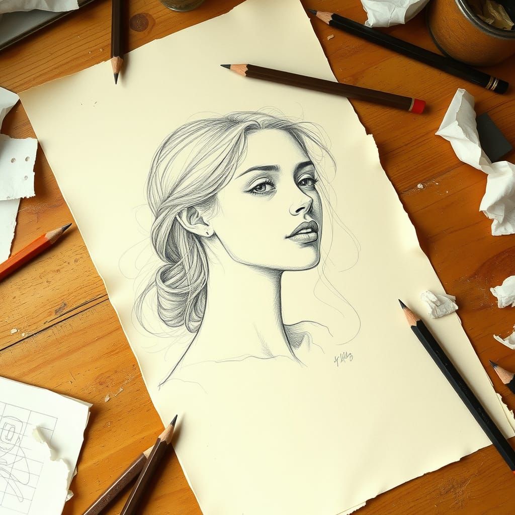 Expressive Pencil Portrait of a Young Woman in Art Studio