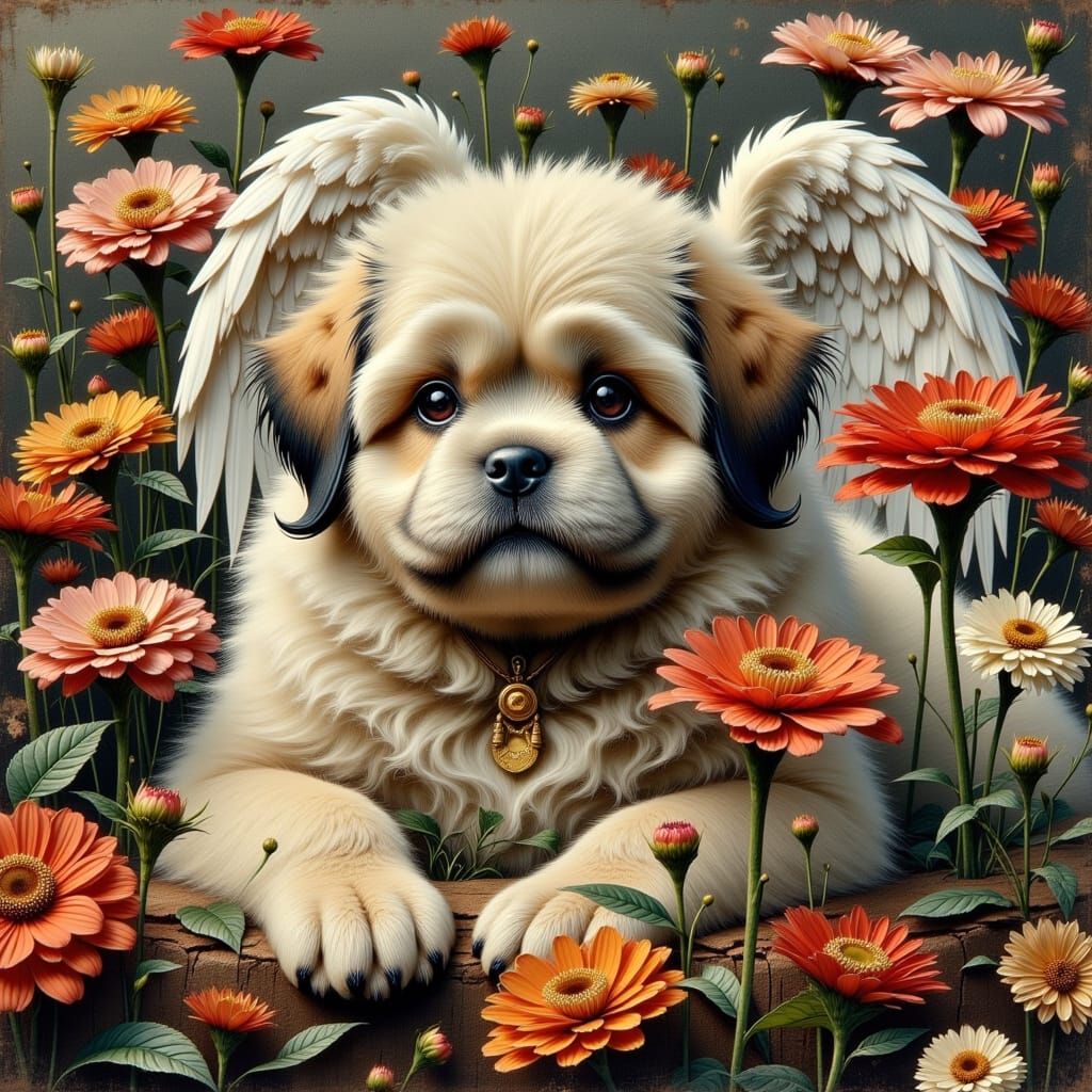 Chubby Lhasa Apso Angel in Whimsical Klimt-Inspired Style