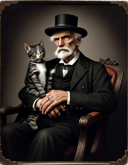 Victorian Gentleman Overwhelmed by Kittens in Daguerreotype