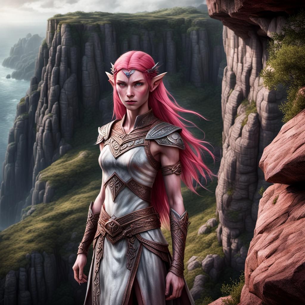 Elven Maiden with Scarlet Hair on Cliffside