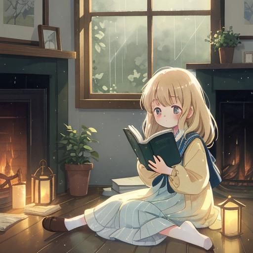 Cozy Anime Girl Reading by Firelight