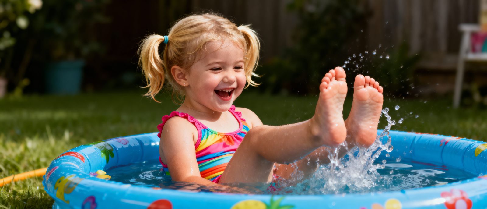 Cute Girl Giggles While Splashing in Kiddie Pool