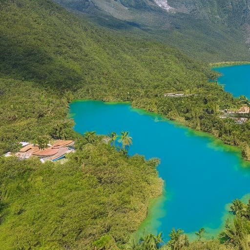 Mountain Oasis: Turquoise Lake and Palm-lined Shore