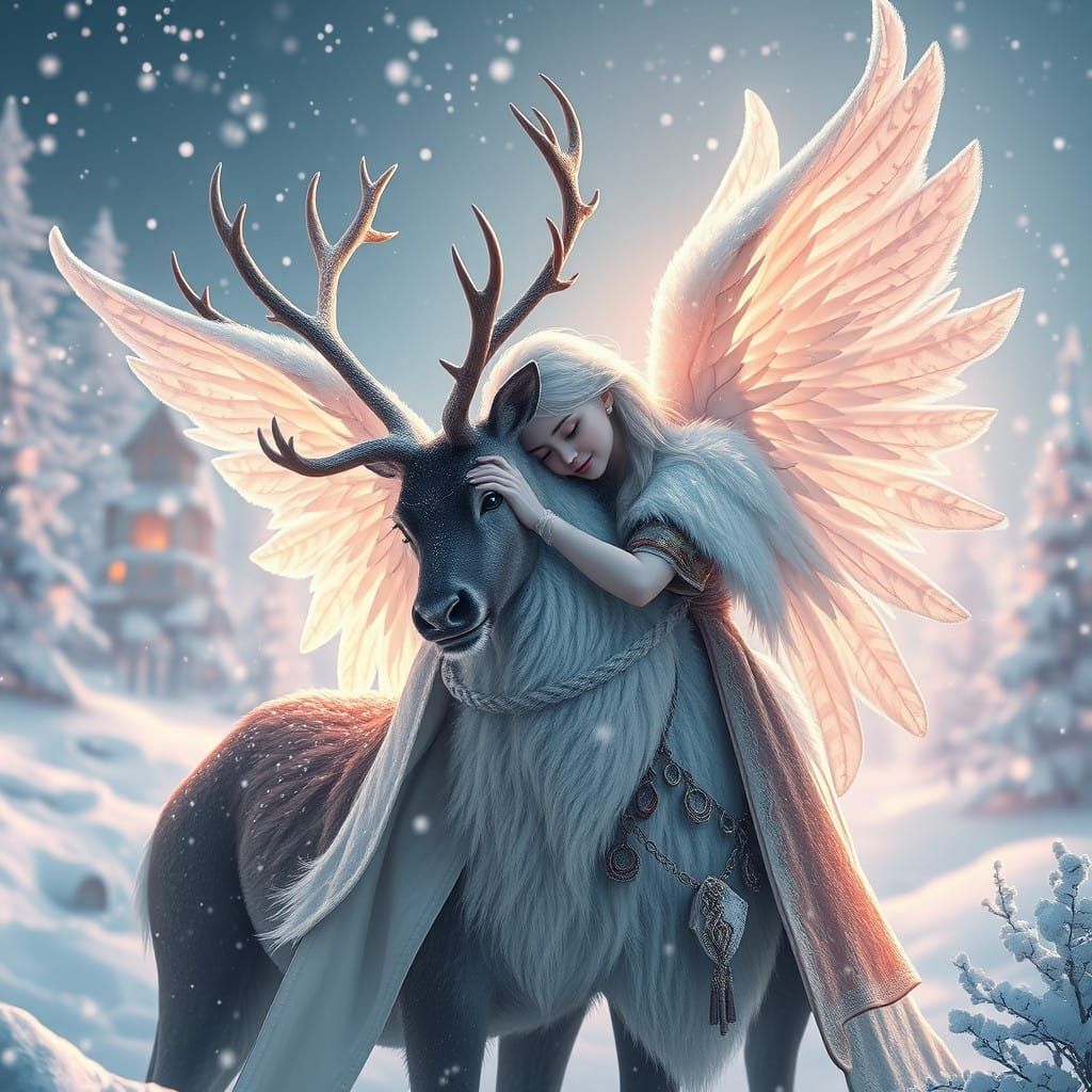 Surreal Snow Angel Embracing Majestic Reindeer in Whimsical...