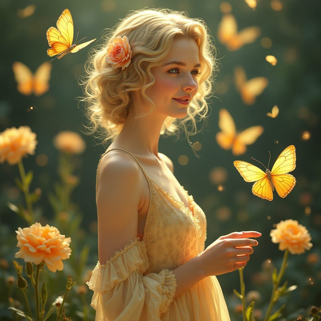 Blonde Woman Surrounded by Butterflies in Art Nouveau Style
