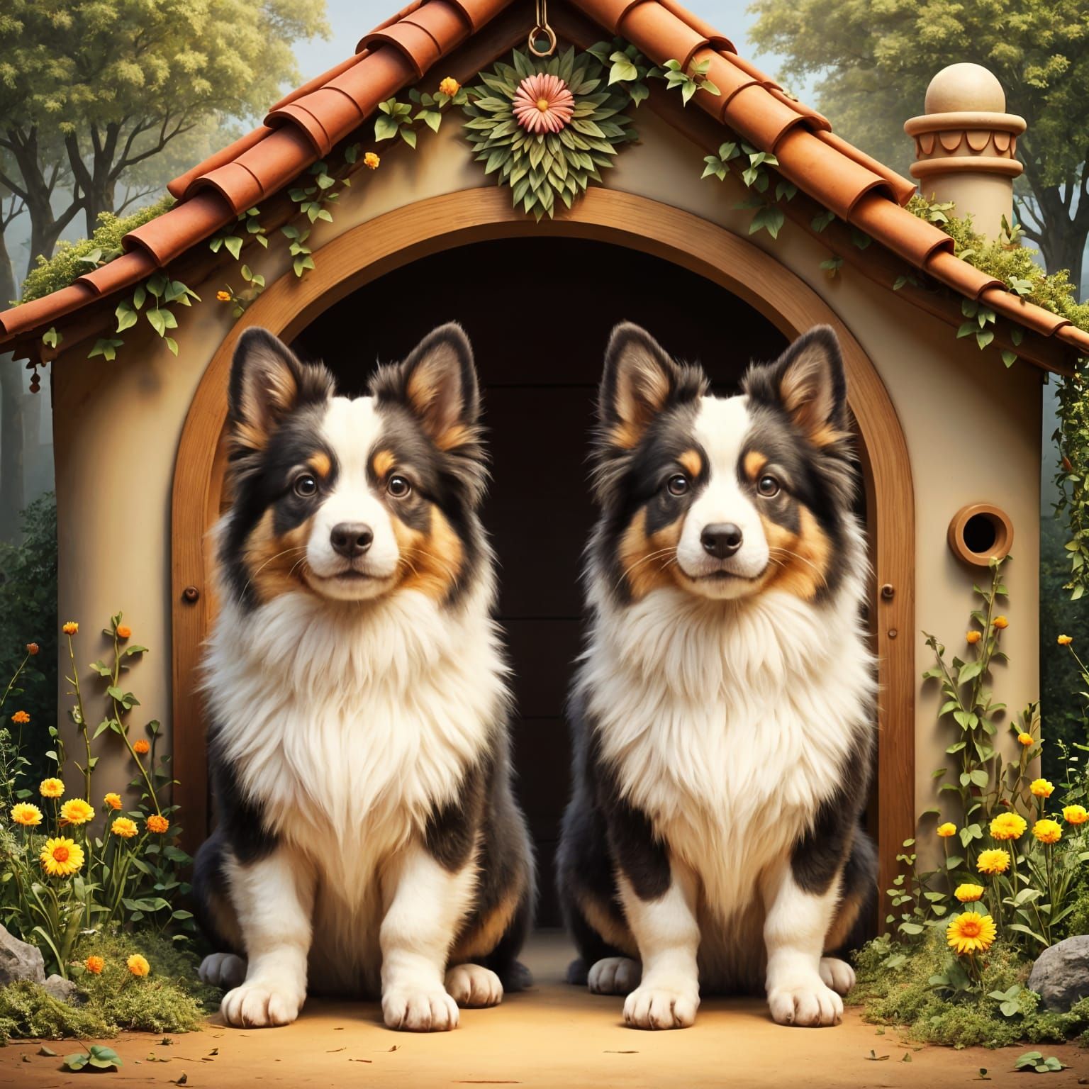 Shetland Sheepdog Puppy Guardians at Doghouse Entrance