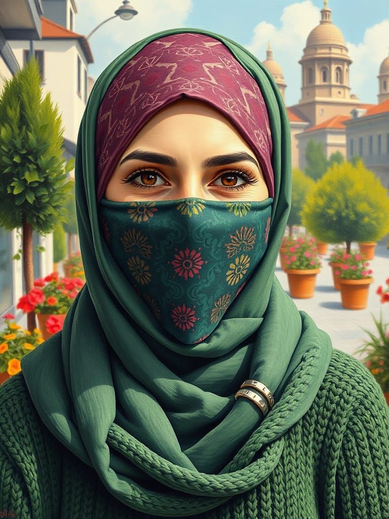 Woman in Green Turleneck, Hijab, and Mask in a Lush Cityscap...