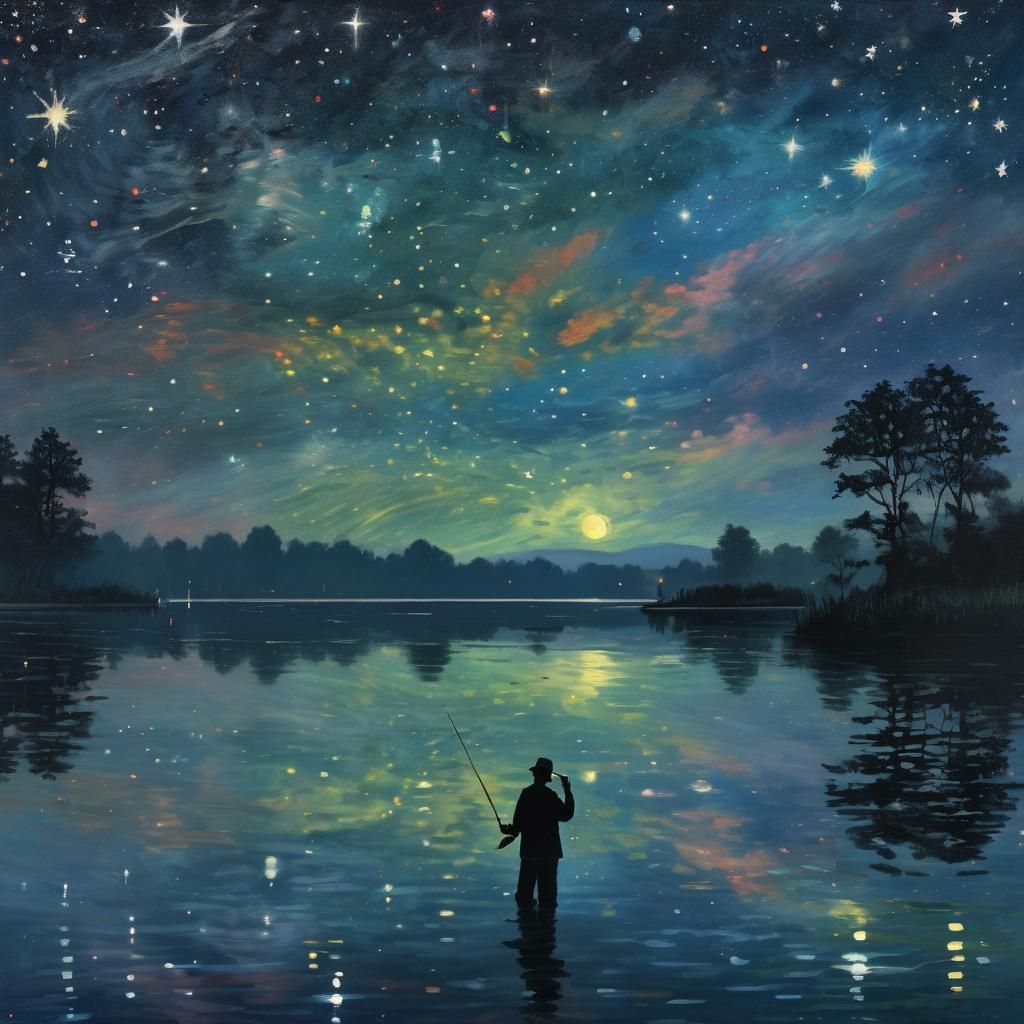 Lake Fishing Under Starry Sky in Impressionist Style