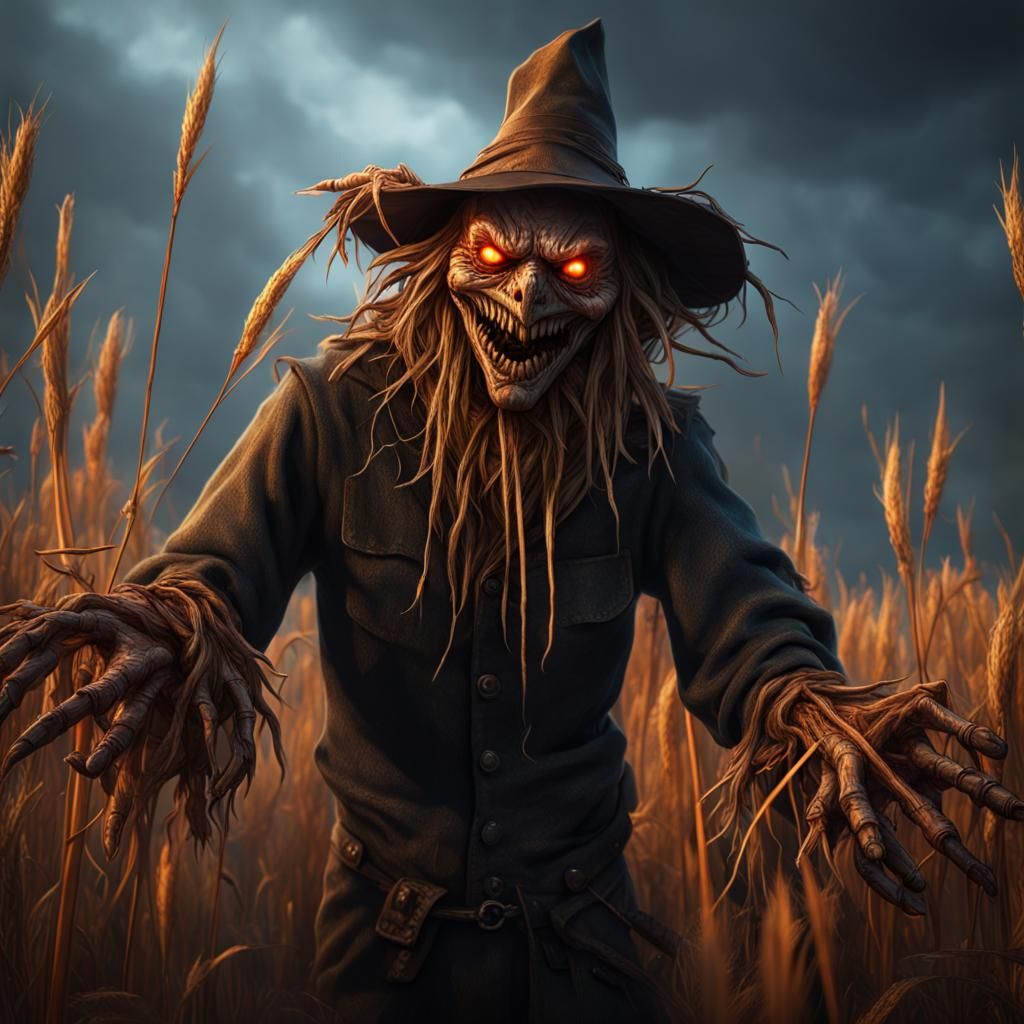 Menacing Scarecrow with Glowing Eyes, Dark Fantasy Art