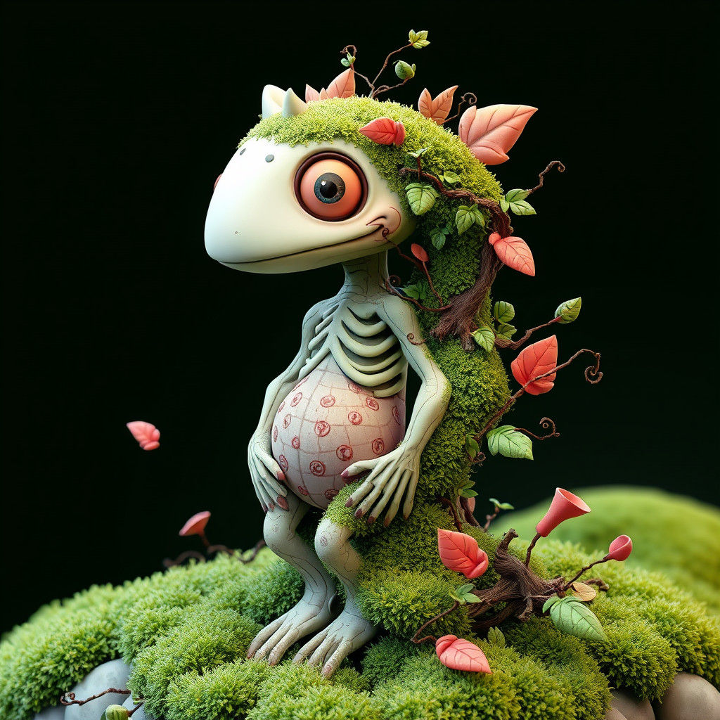 Moss-Entwined Whimsical Character in 3D Rendering