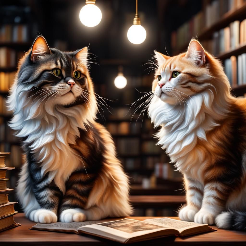 Fluffy Cats Playing in Bookstore: Photorealistic Detail
