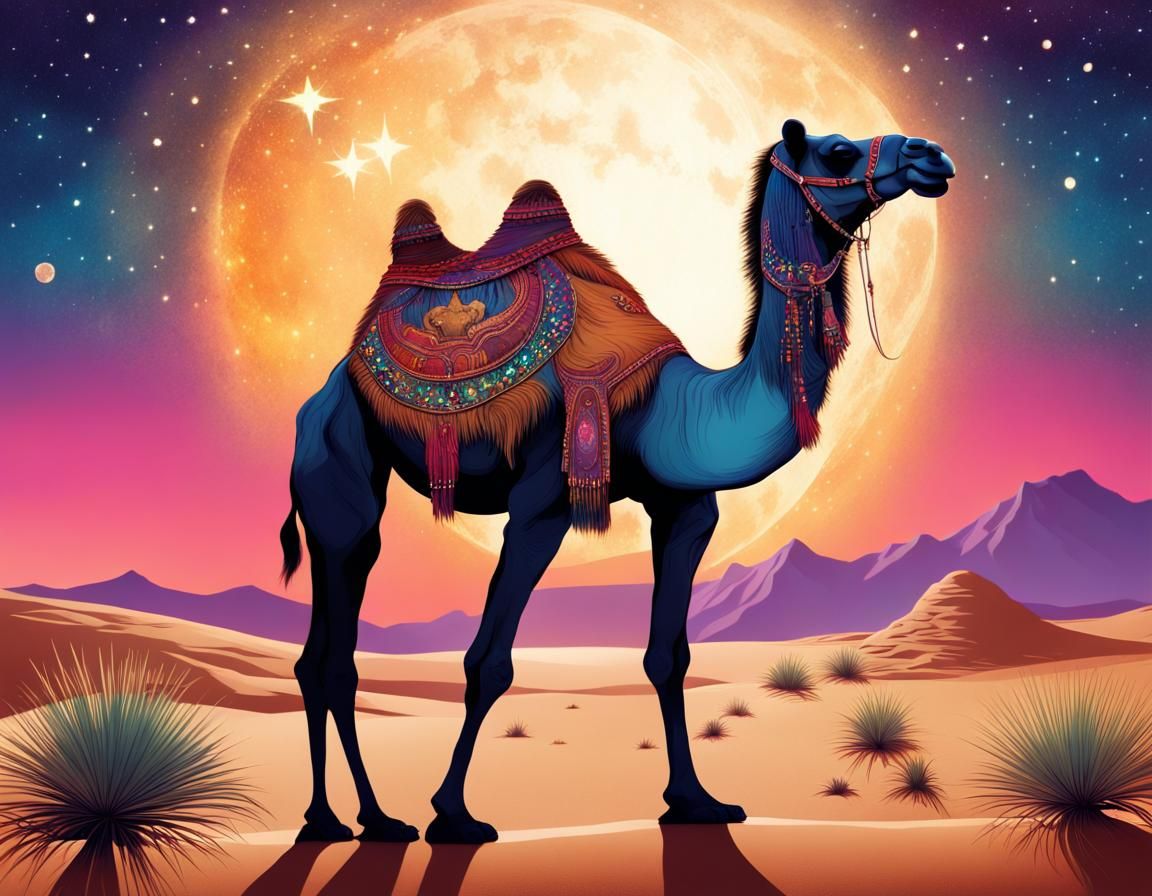 Camel Under Jeweled Stars: Color Illustration