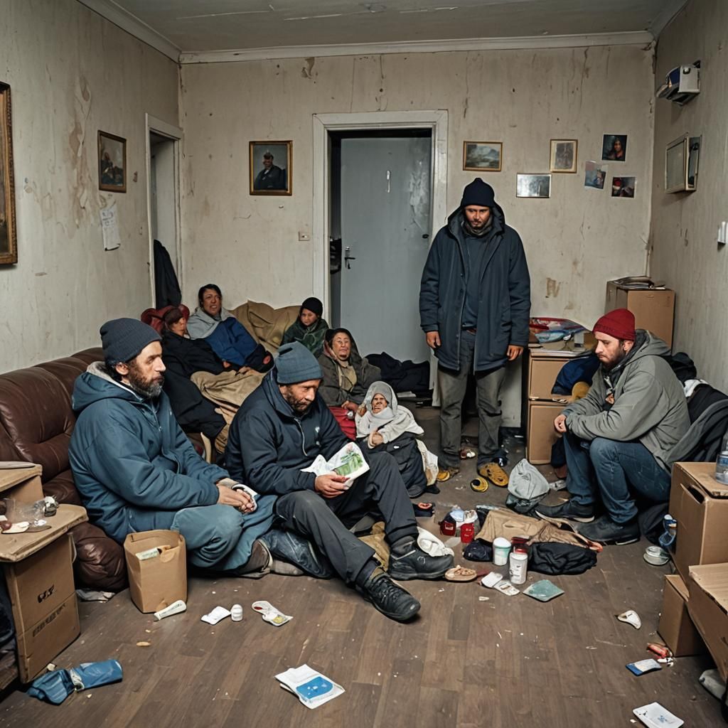 Homeless People Gather in a Living Room