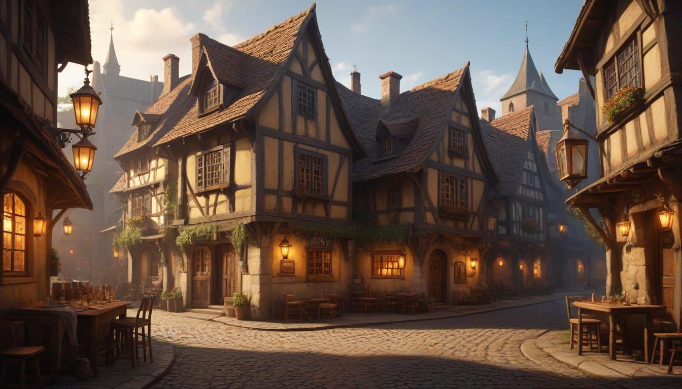 Lively Medieval Tavern at Crossroads in Golden Light
