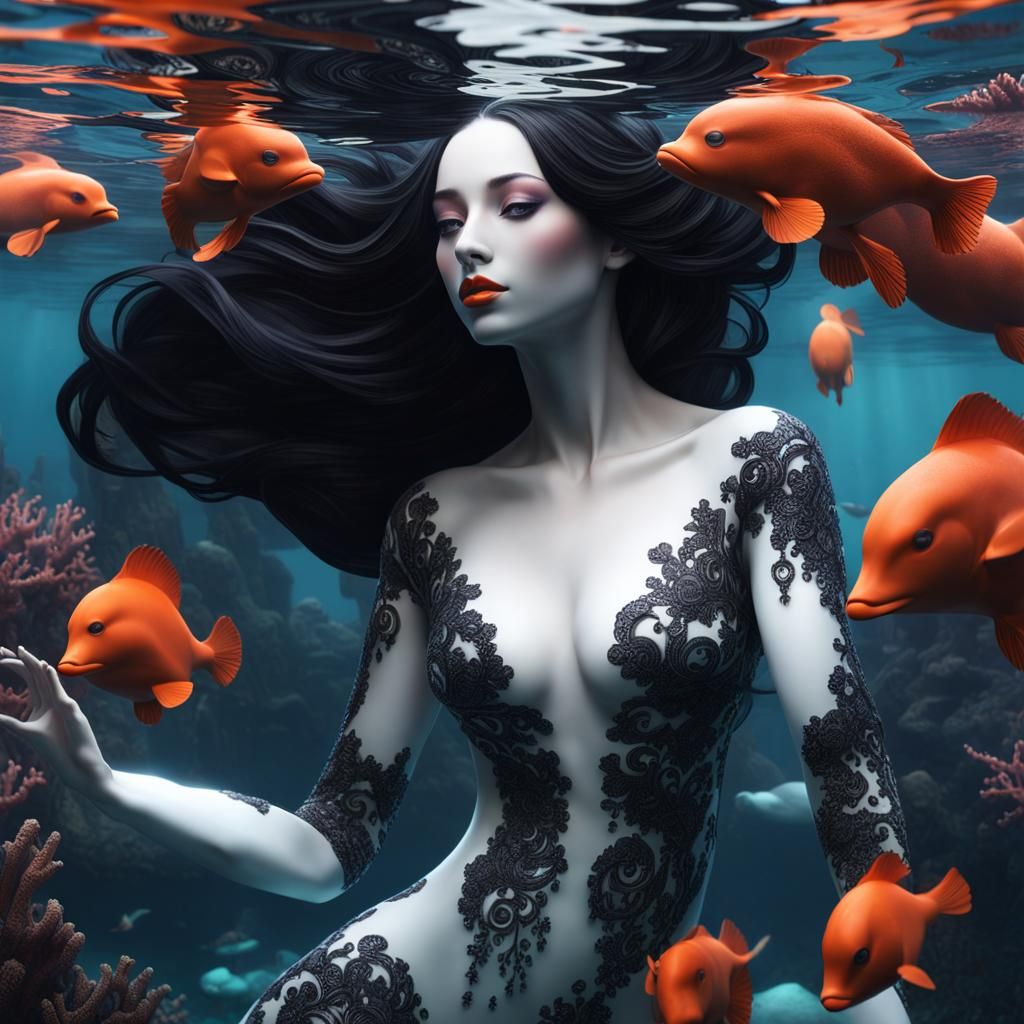 Orca Girl Swims in Underwater Void