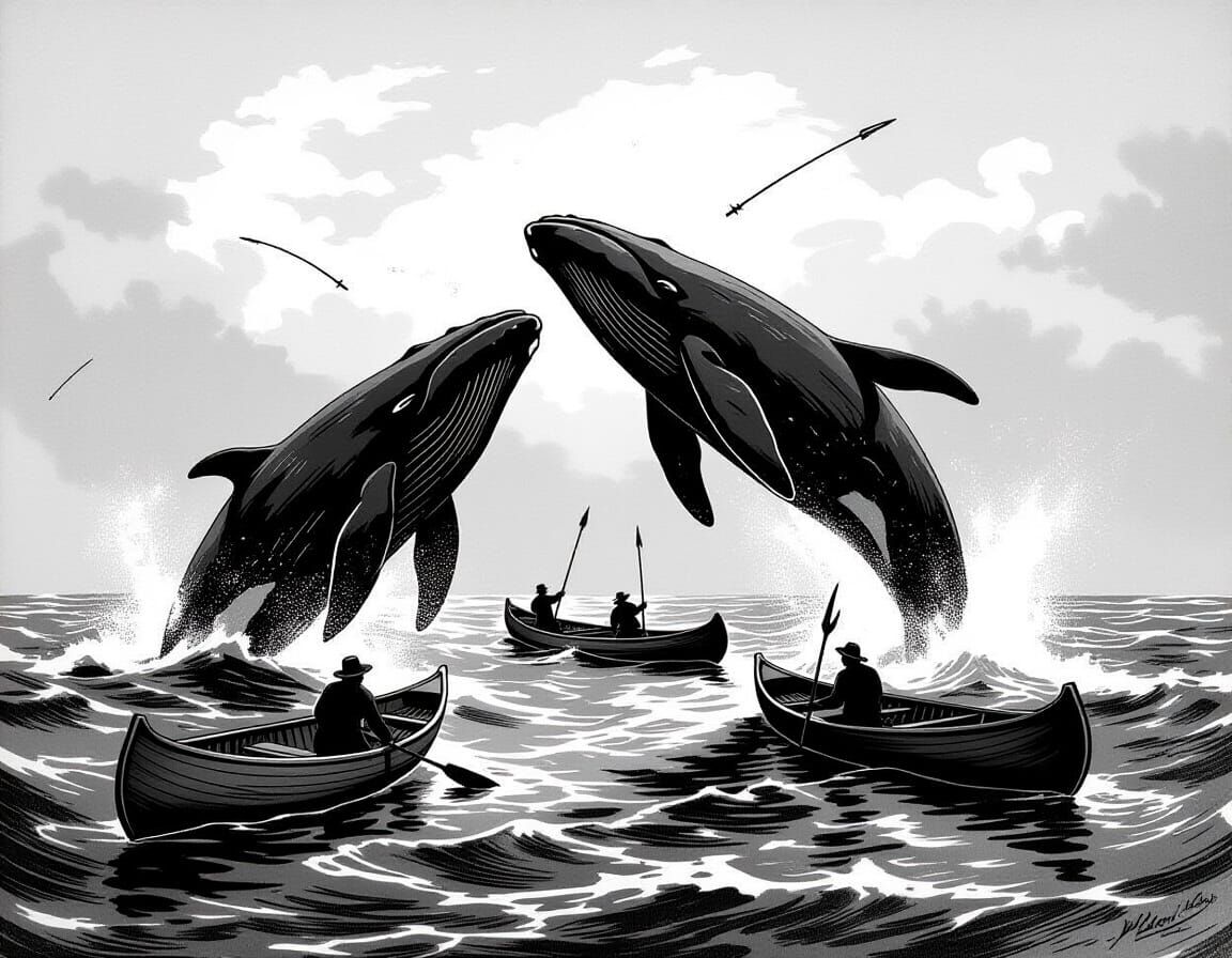 Dramatic Whale Breach in Black and White Etching Style
