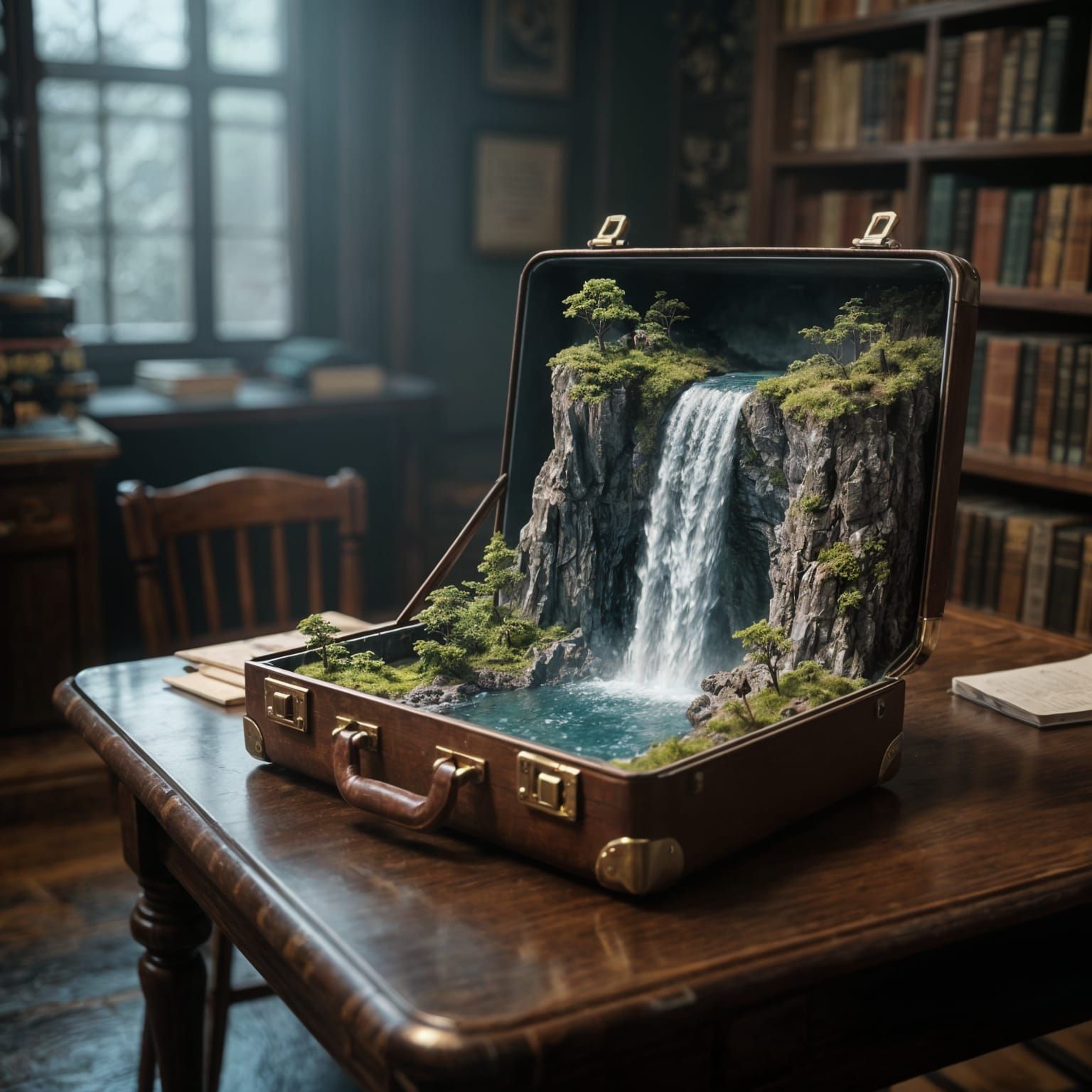Miniature Waterfall in Briefcase on Library Table