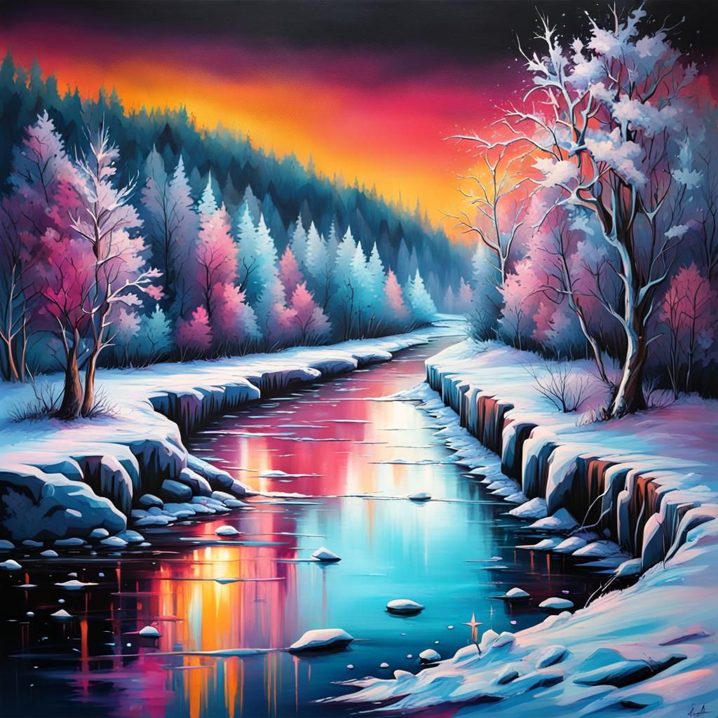 Frozen River at Night in Graffiti Art Style
