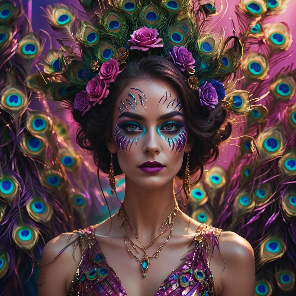 Rainbow Woman Portrait with Peacock Feathers