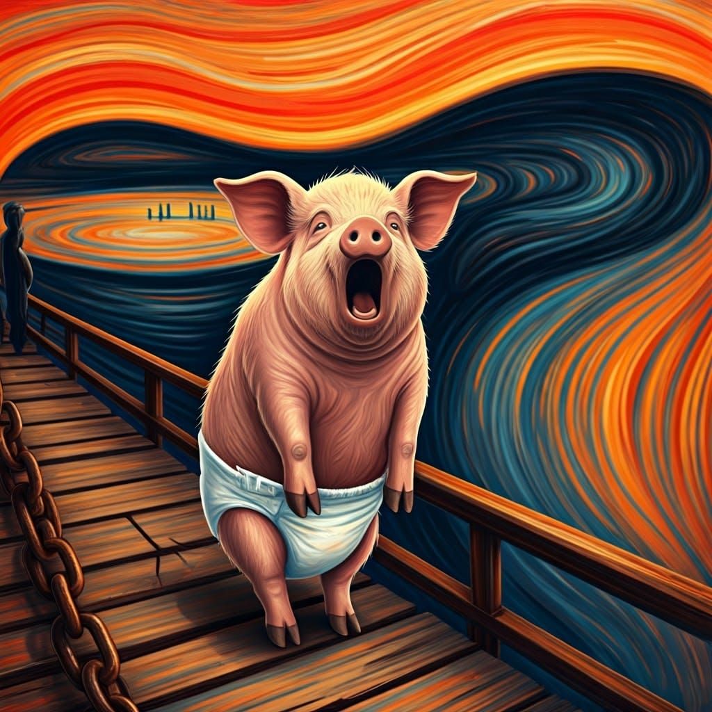 Emotive Pig on Bridge in Maximalist Style