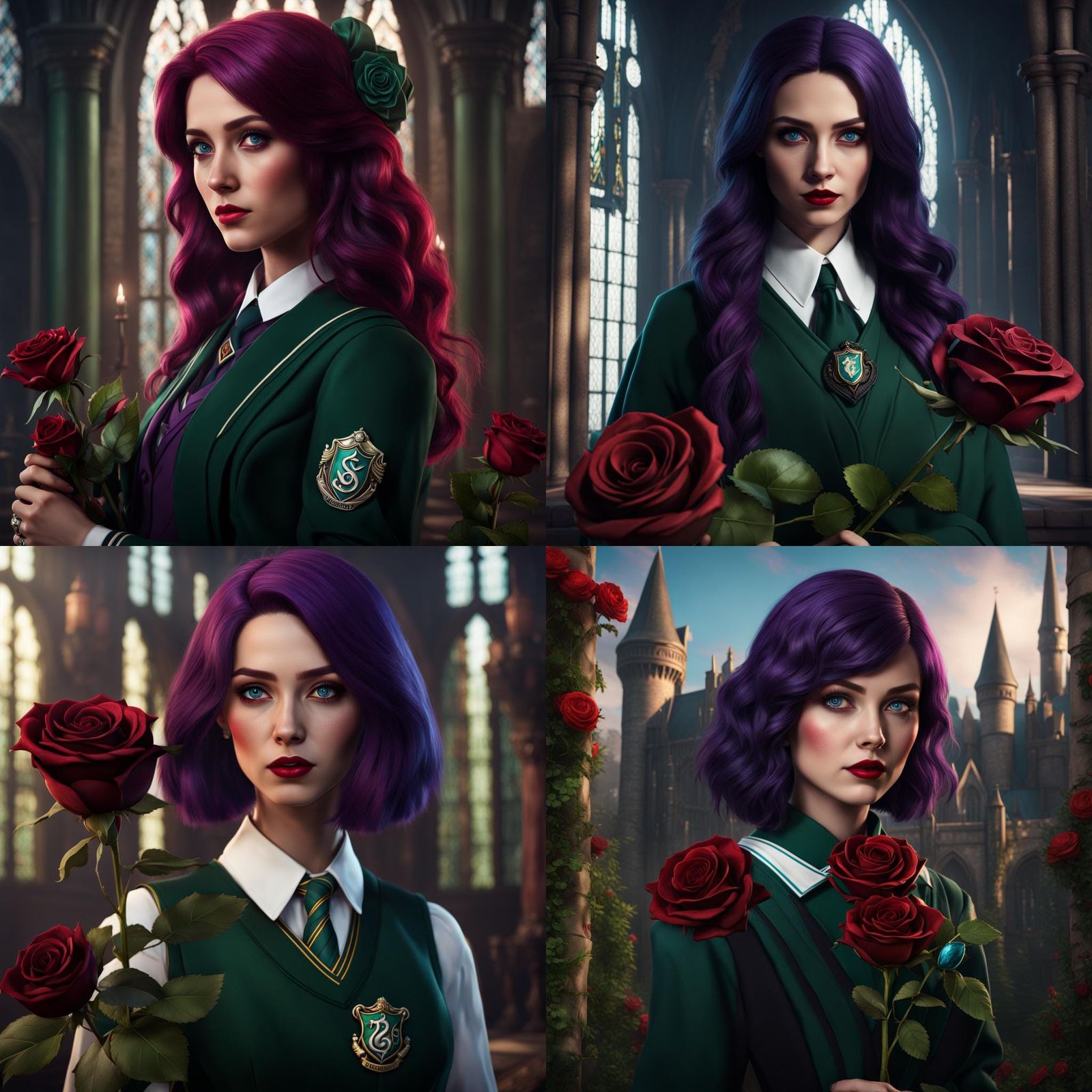 Girl in Slytherin Uniform with Dark Red Rose