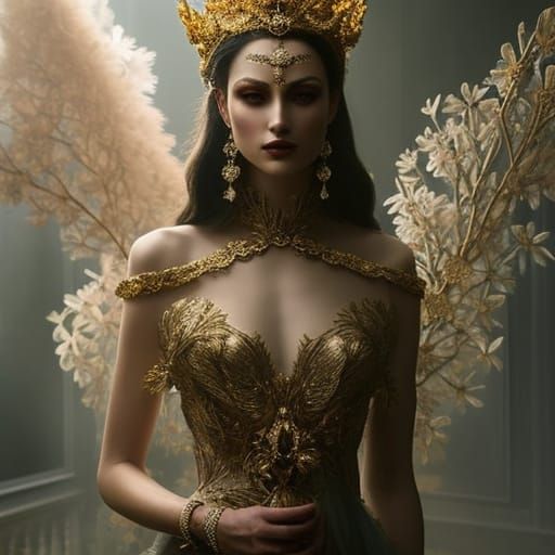 Masquerade Woman with Crown in Ornate Gown