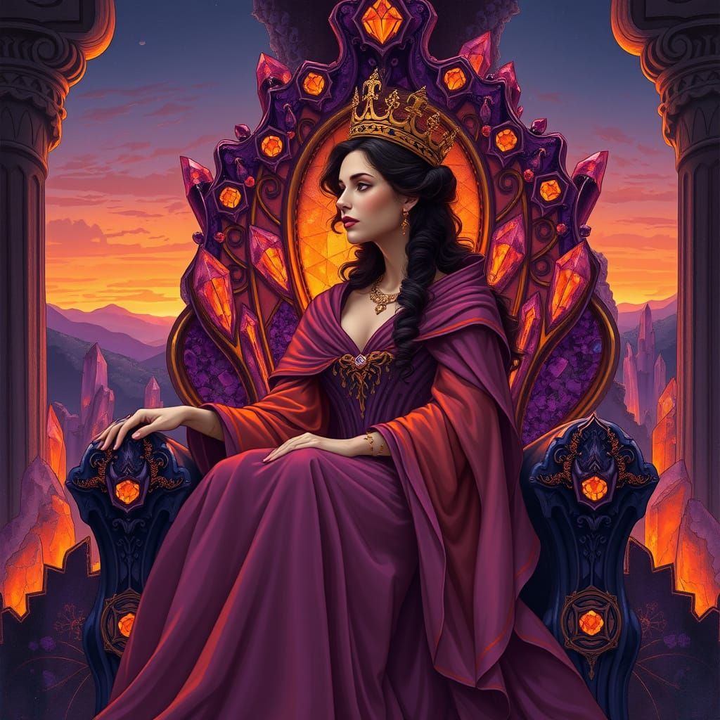 Ethereal Queen in Amethyst Throne, Weaving Magic with Quiet ...