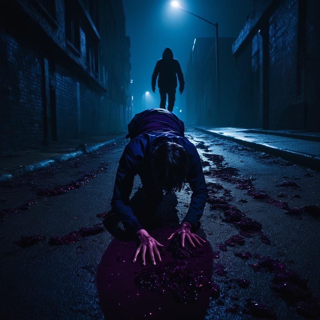 Surreal Wounded Figure in Distorted Cityscape