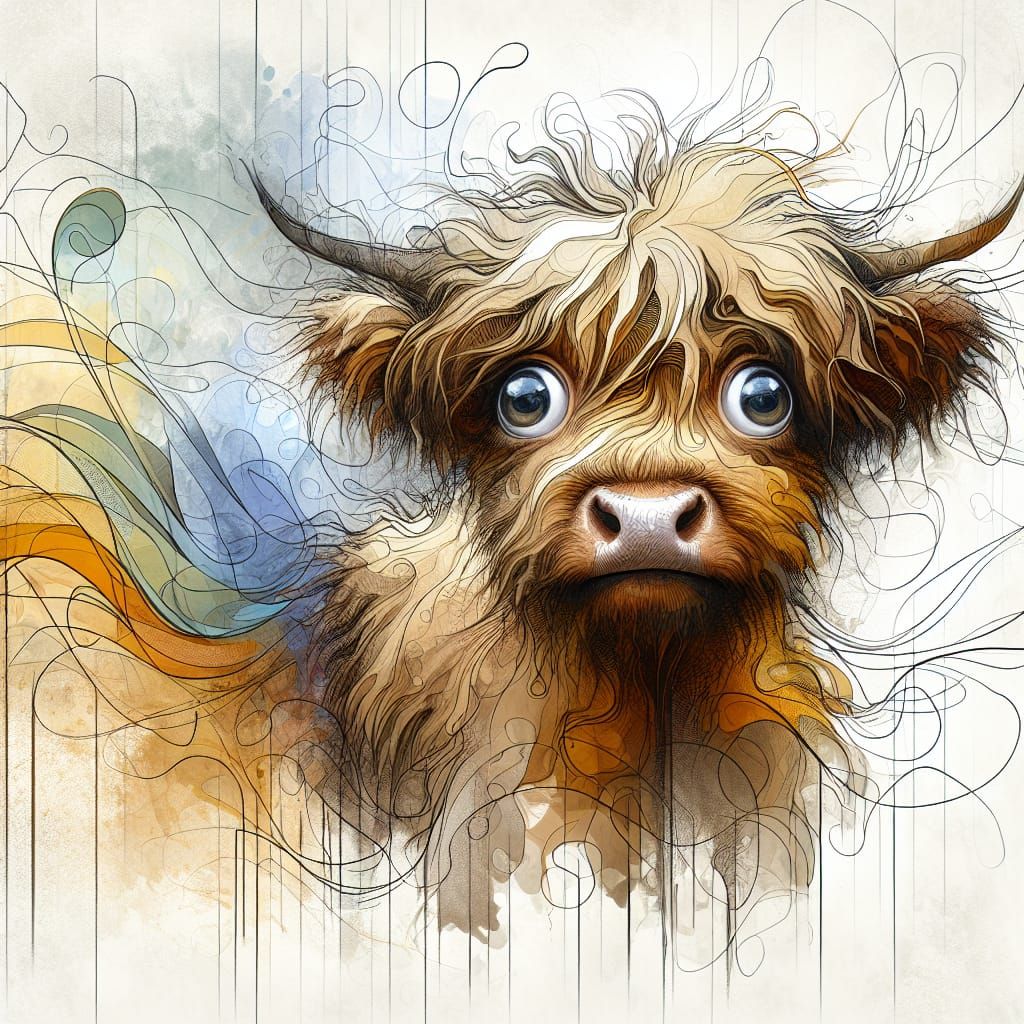 wide-eyed, scraggly-haired young highland cow