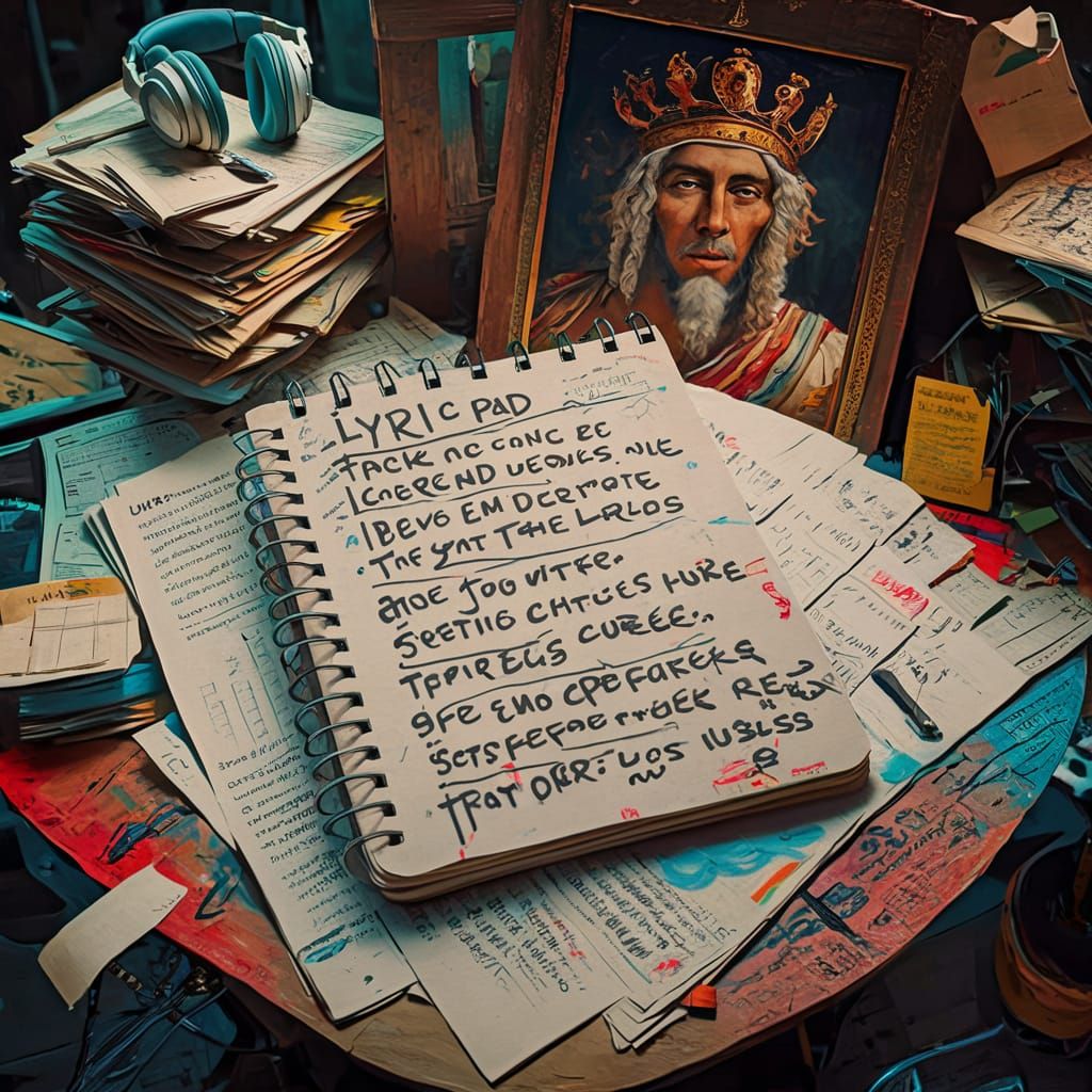Cluttered Desk Scene with Lyric Pad and King Midas