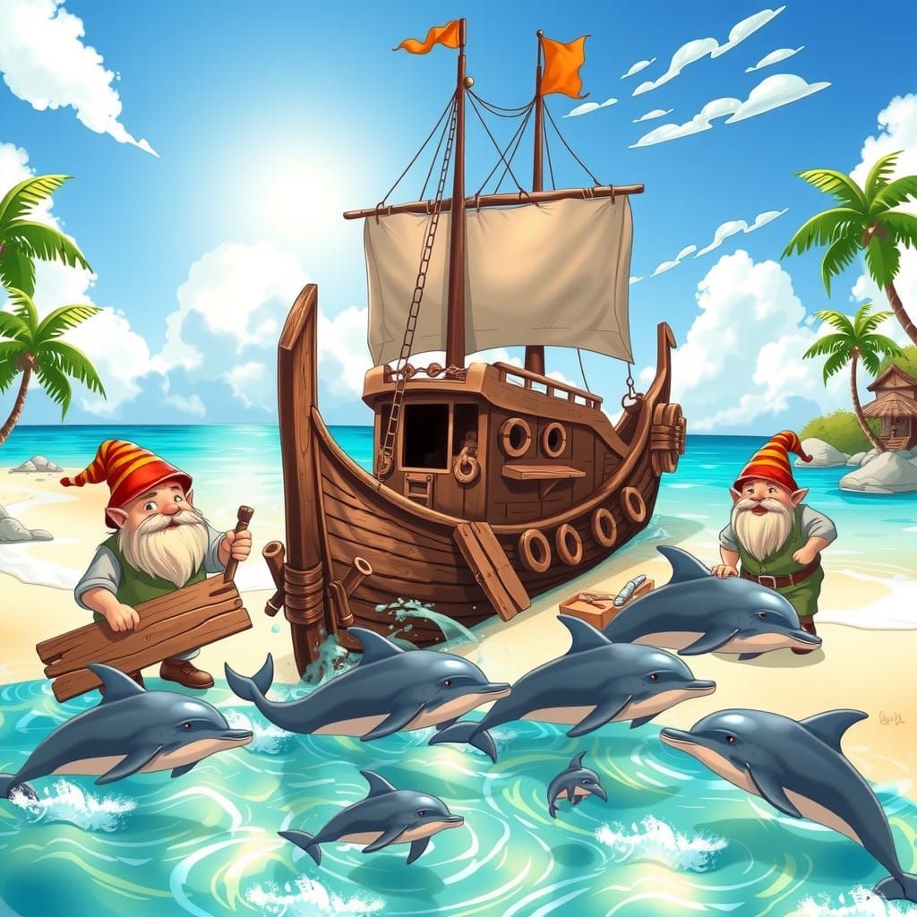 Whimsical Elves Build Ocean Ship with Dolphin Friends in a D...