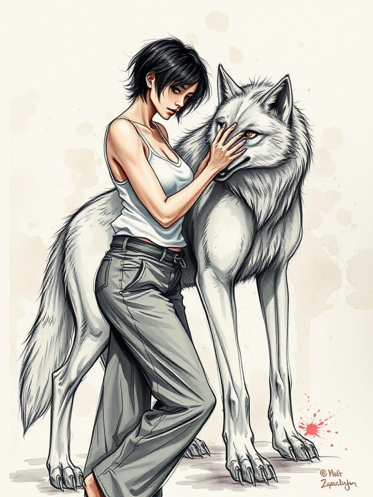 Woman Pets a Docile Wolf Lycanthrope: Fantasy Sketch