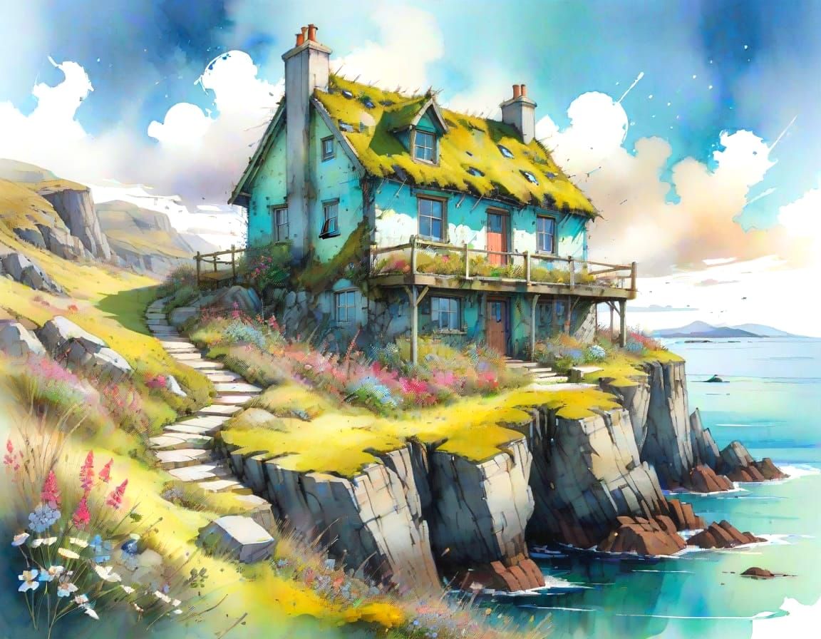 Coastal Croft House in Ghibli Watercolor Style
