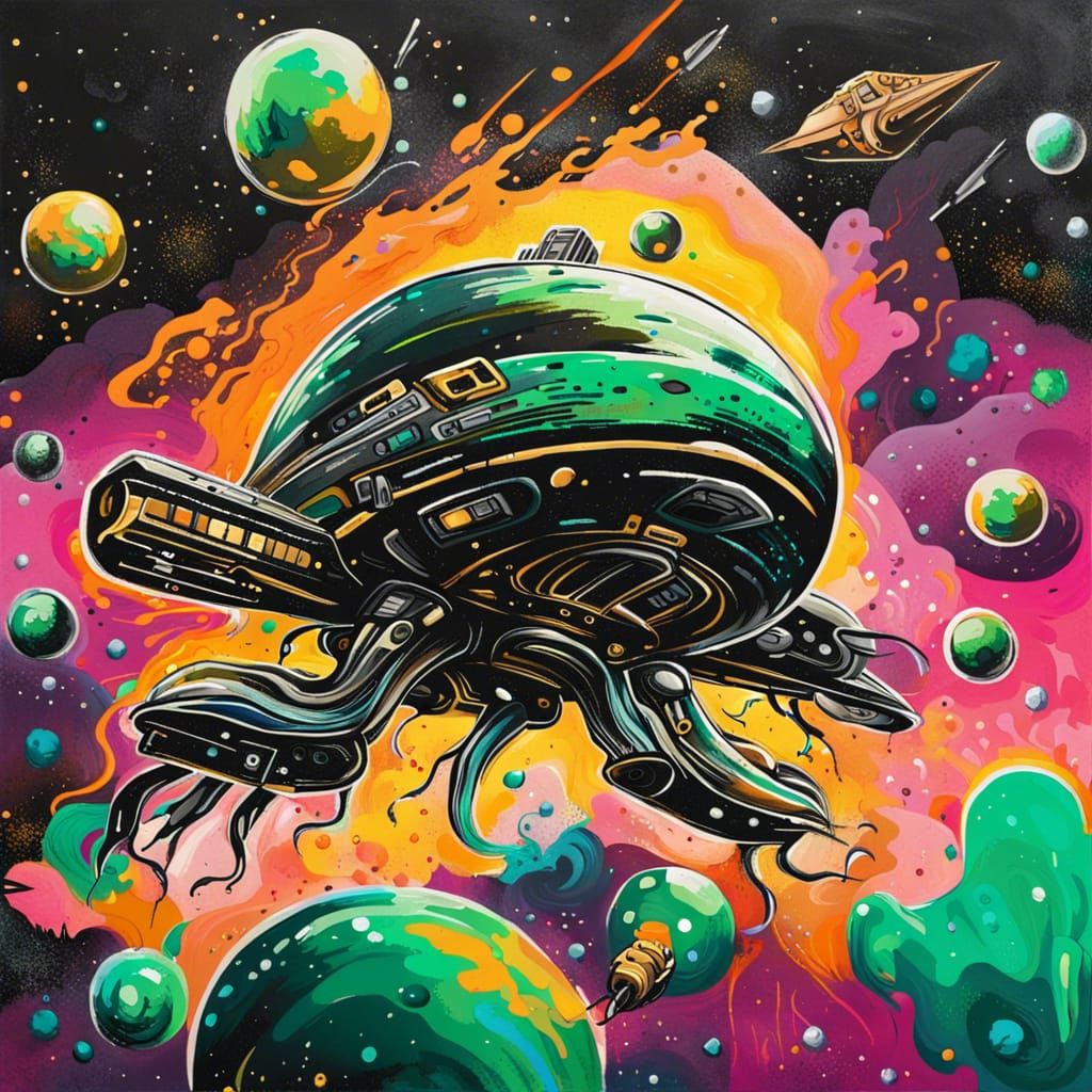 Squid Spaceship Attacks Station: Graffiti Art Style