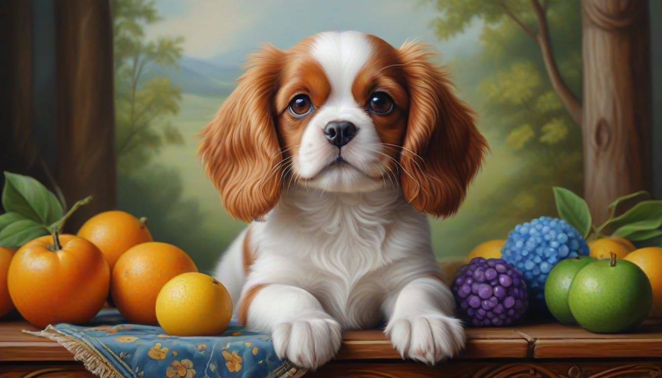 Cavalier King Charles Spaniel Puppy in Whimsical Acrylic Art