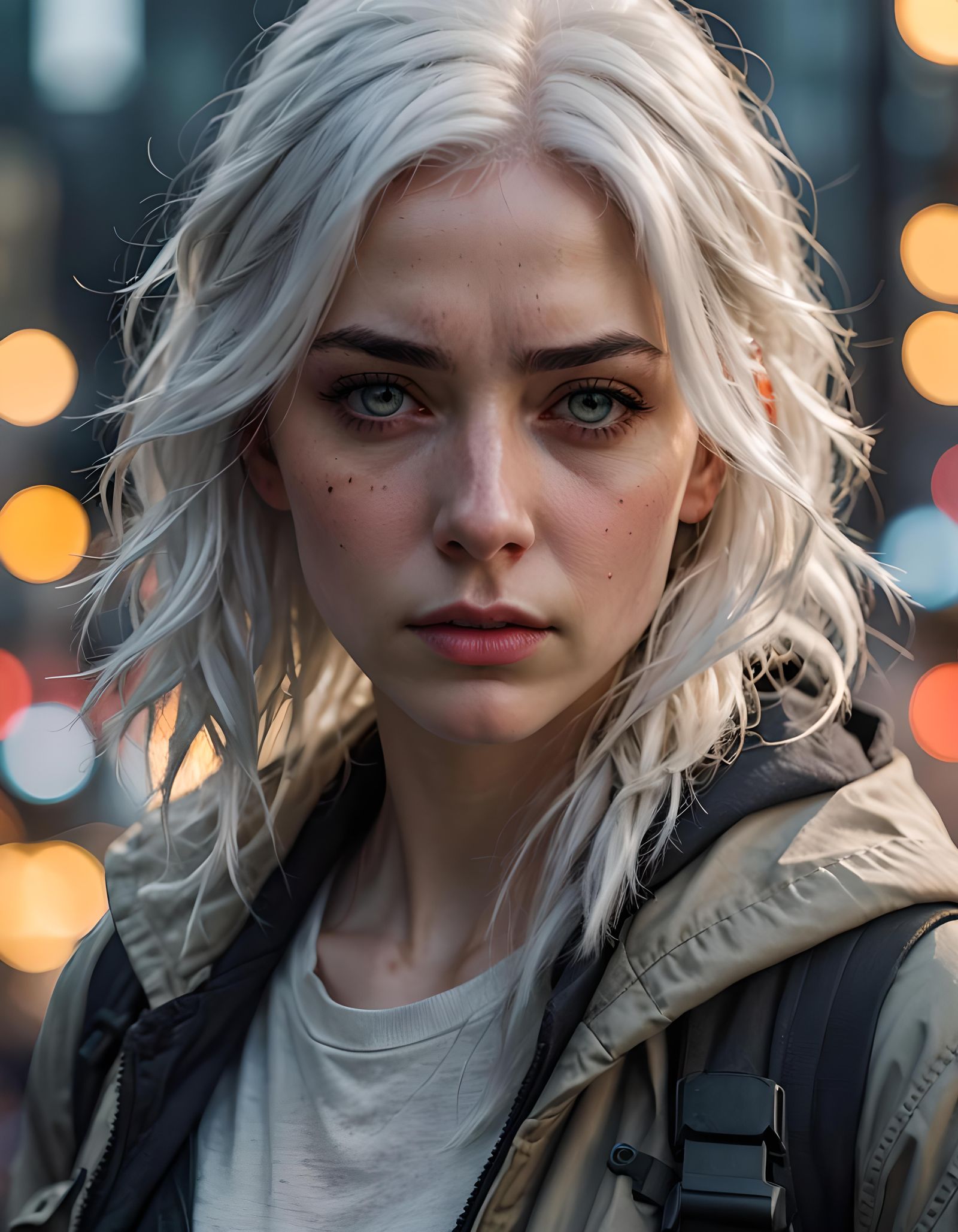 Sad Young Woman in Survival Gear: Photorealistic Portrait