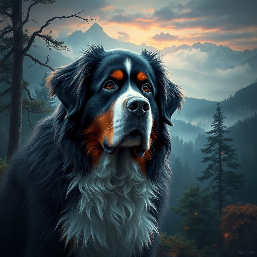 Majestic Bernese Mountain Dog in Enchanted Landscape