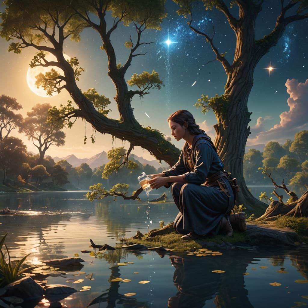 Woman Pouring Water Under Starry Sky