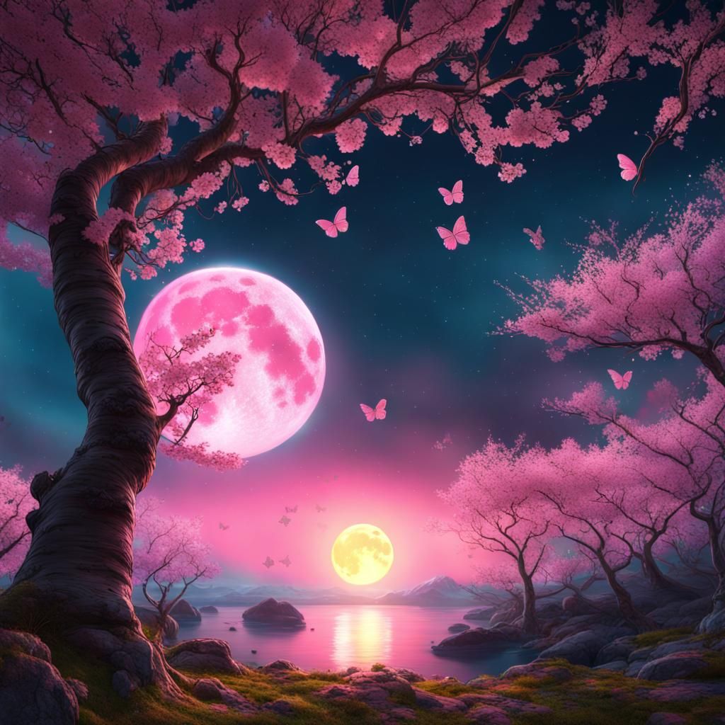 Moon Surrounded by Sakura Branches and Aurora