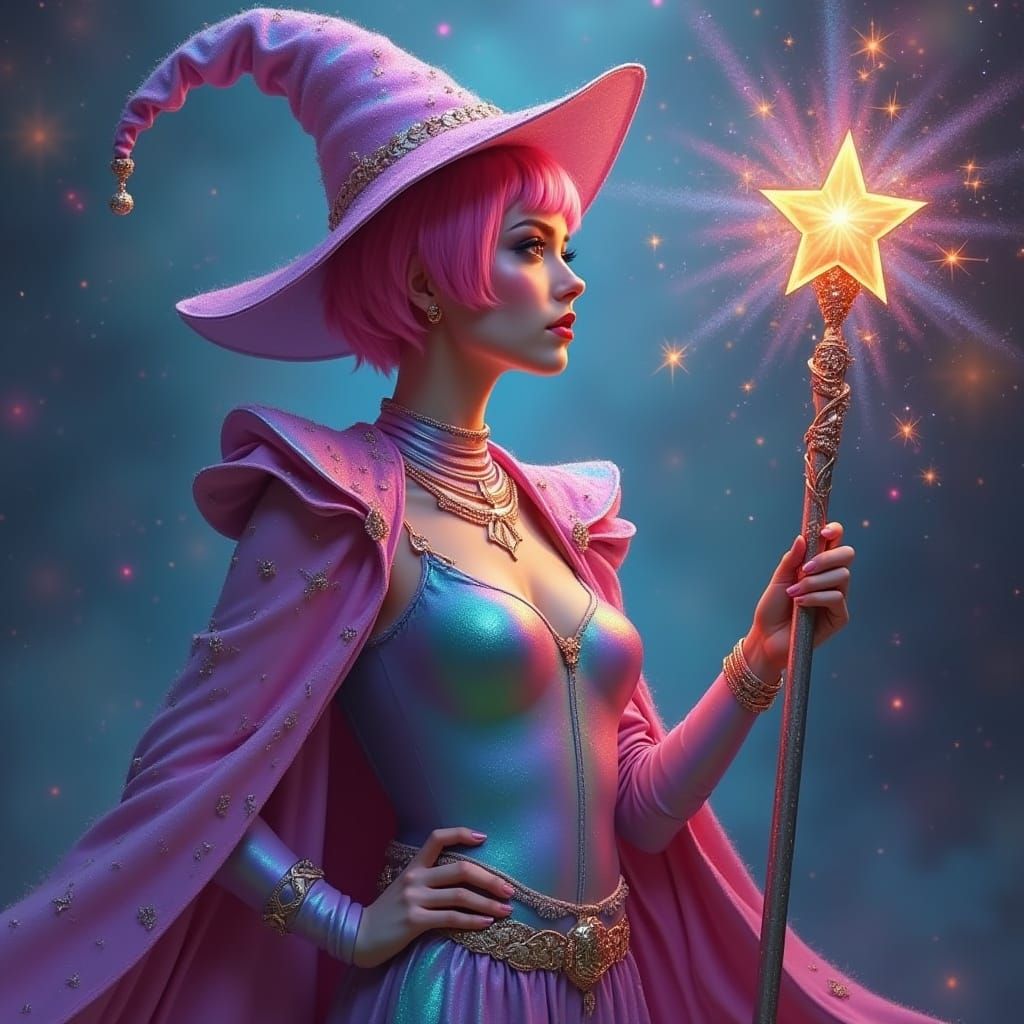 Pink Haired Wizard in Rainbow Cosmic Art Style