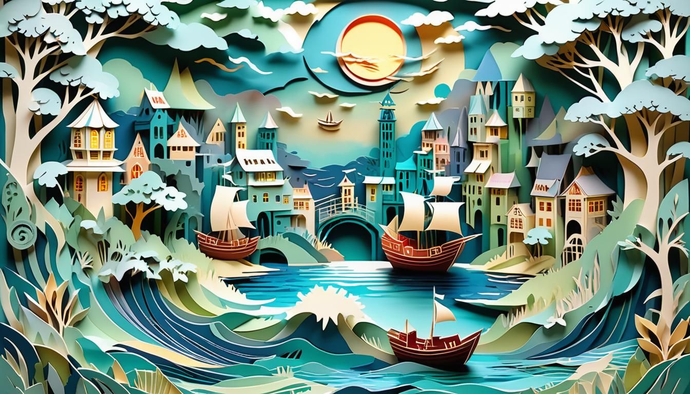 Whimsical Kirigami Galleon in Surreal Stormy Sea