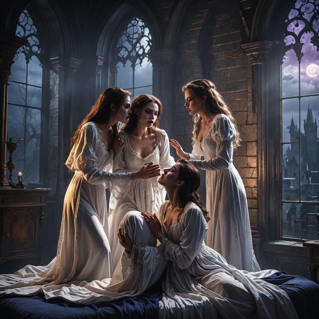 Vampire's Kiss in Gothic Castle: Dark Fantasy Art