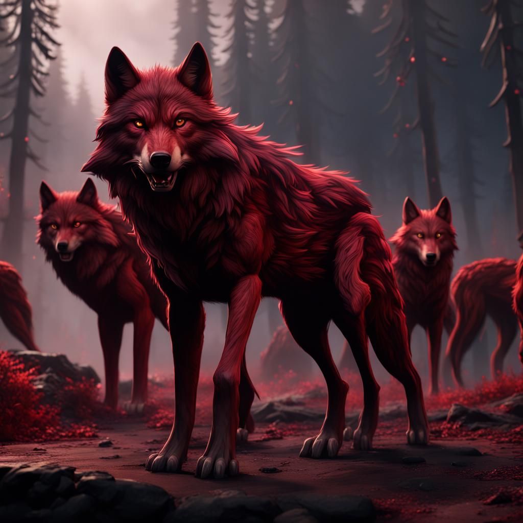 Dark Red Wolf Pack: Detailed Matte Painting