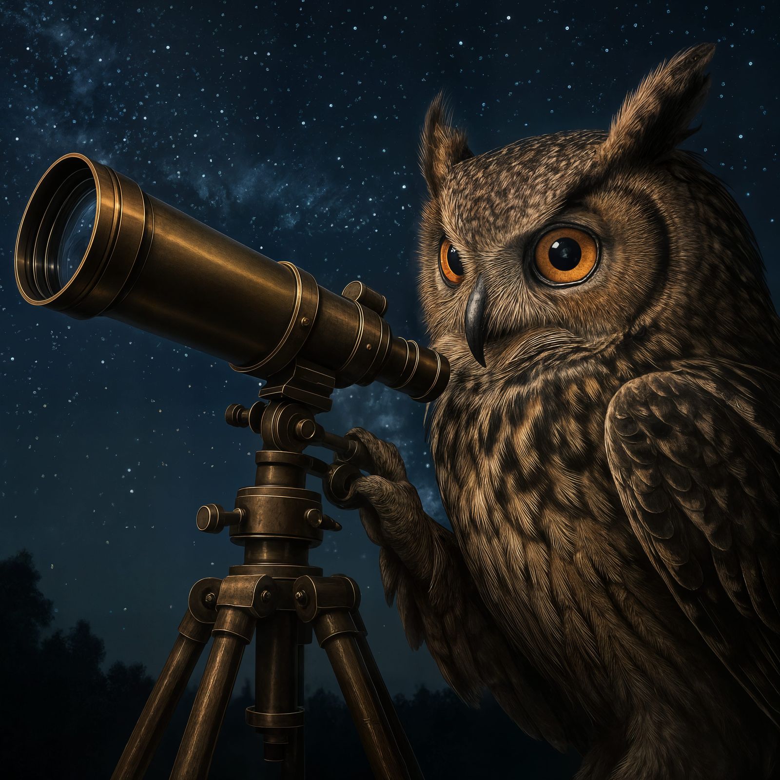 Detailed CGI Owl with Telescope at Night
