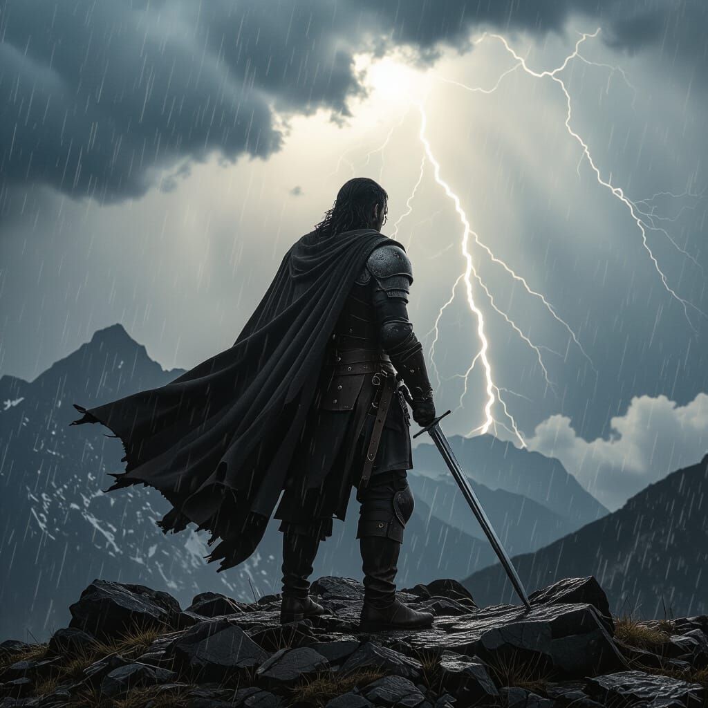 Epic Warrior on Mountain Peak in Thunderstorm